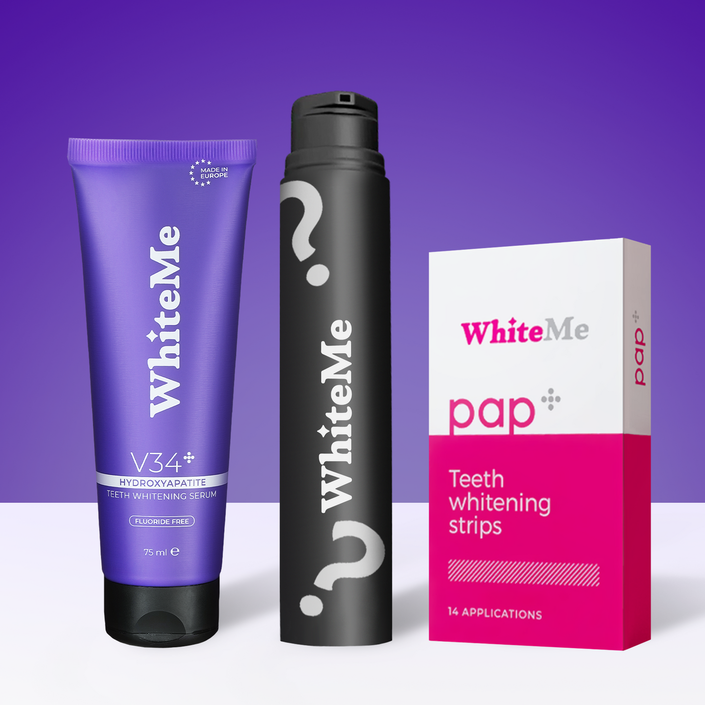 WhiteMe Mega Pack - Pap+ (лентички) + V34 (серум за избелване) + Паста (подарък на случаен принцип)