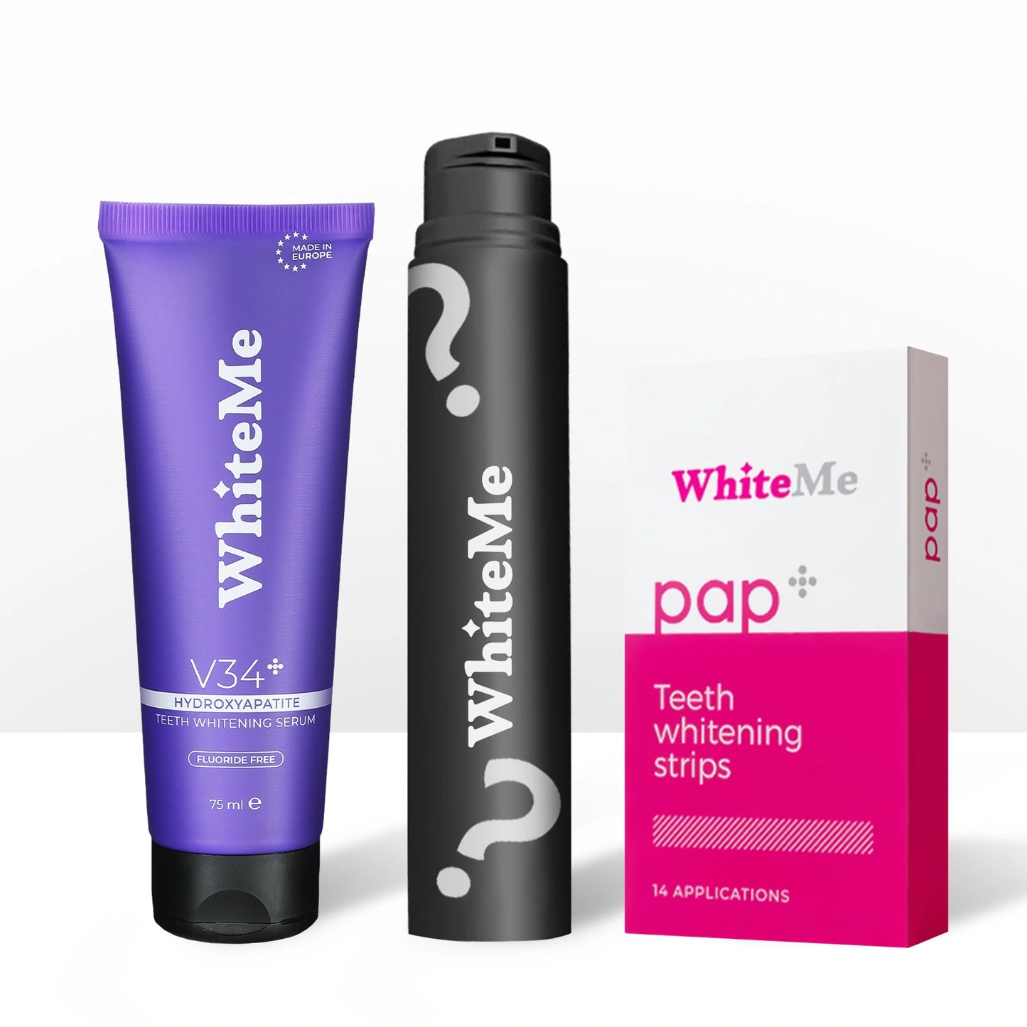 WhiteMe Mega Pack - Pap+ (лентички) + V34 (серум за избелване) + Паста (подарък на случаен принцип)
