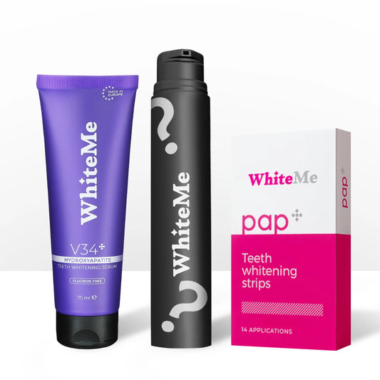 WhiteMe Mega Pack - Pap+ (лентички) + V34 (серум за избелване) + Паста (подарък на случаен принцип)